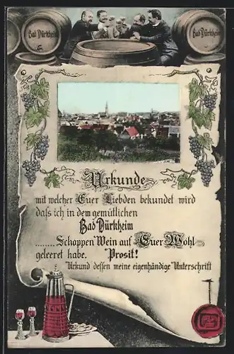 Passepartout-AK Bad Dürkheim, Panoramablick auf die Stadt, Weintrinker in lustiger Runde
