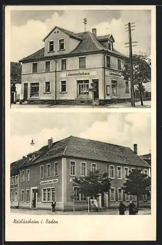 AK Neulussheim, Ortspartie mit Gasthaus Zum Adler und Lebensmittelhaus