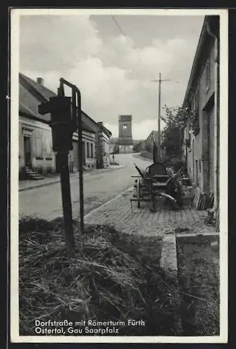 AK Ostertal / Saar, Dorfstrasse mit Römerturm