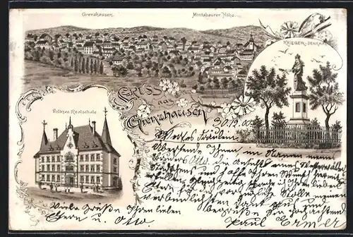 Lithographie Grenzhausen, Volks- u. Realschule, Kriegerdenkmal, Ortsansicht