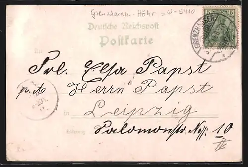 Lithographie Grenzhausen, Volks- u. Realschule, Kriegerdenkmal, Ortsansicht