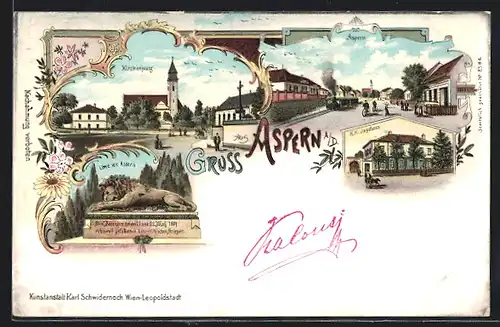 Lithographie Wien, Aspern a. D., Löwe von Aspern, K. K. Jagdhaus, Kirchenplatz