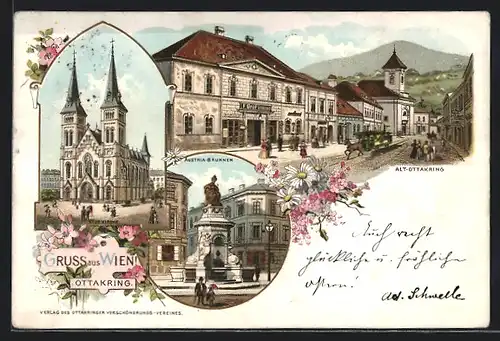 Lithographie Wien-Ottakring, Ortspartie mit Austria-Brunnen, Kirche und Alt-Ottakring