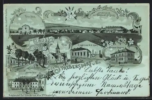 Lithographie Wien-Strebersdorf, Villa Böck, Pensionat St. Josef, Gemeinde Gasthaus, Marien-Heim