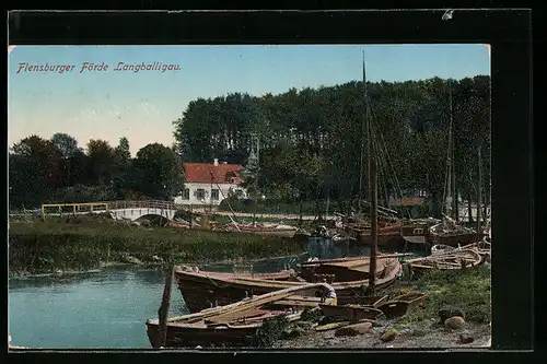 AK Langballigau, Ortspartie mit Ruderboote am Flussufer