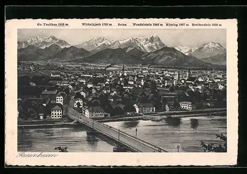 AK Rosenheim, Generalansicht gegen die Alpen, Brücke in die Stadt