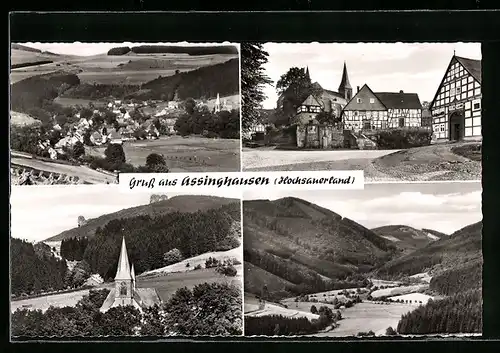 AK Assinghausen im Hochsauerland, Generalansicht, die Kirche, alte Fachwerkhäuser, Hotel Pension Cafe Weiken-Kracht