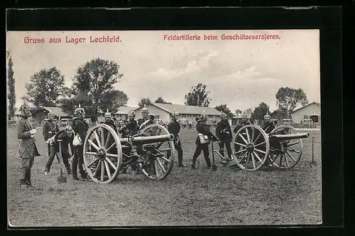 AK Lager Lechfeld, Feldartillerie beim Geschützexerzieren