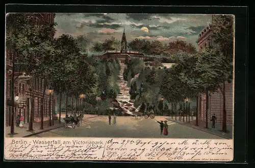 Lithographie Berlin-Kreuzberg, Wasserfall am Victoriapark am Abend