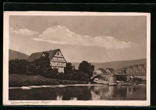 AK Gieselwerder a. d. Weser, Ortsansicht am Fluss
