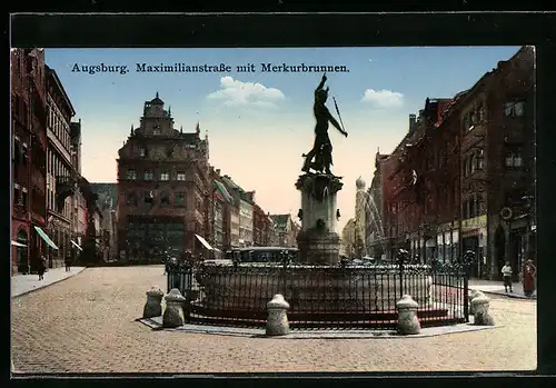 AK Augsburg, Maximilianstrasse mit dem Merkurbrunnen