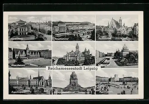 AK Leipzig, der Hauptbahnhof, Gewandhaus, altes Rathaus, Augustusplatz