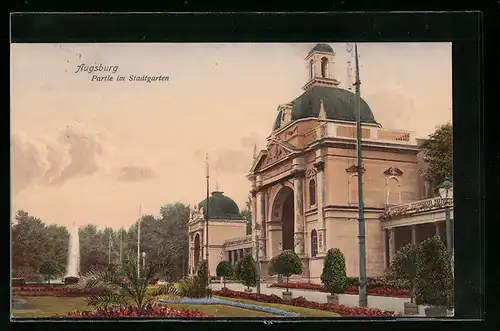 AK Augsburg, Partie im Stadtgarten mit Wasserspiel
