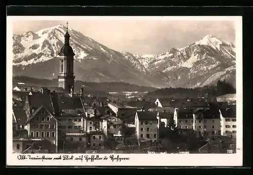 AK Alt-Traunstein, Blick auf die Kirche und die Wohnhäuser gegen den Hochfelln
