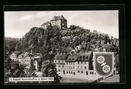AK Mainz, Wappen und Schloss über der Stadt, 1. Greizer Heimattreffen 1963