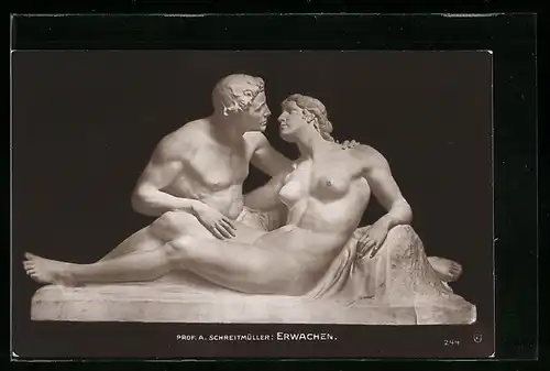 AK Prof. A. Schreitmüller, die Skulptur Erwachen, nacktes Paar