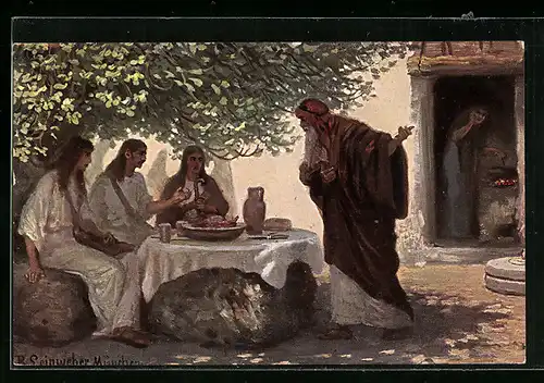 Künstler-AK Die heilige Schrift Nr. 1 /5: Abraham und die drei Engel
