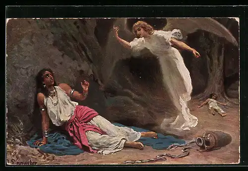 Künstler-AK Die heilige Schrift, Hagar und Ismael in der Wüste