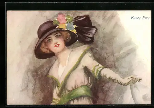AK Fancy Free, schöne Frau mit tollem Blumen- und Schleifenhut