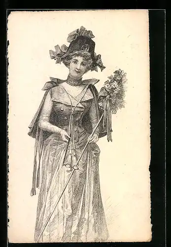 Künstler-AK Frau im Abendkleid mit Sehhilfe und Hut