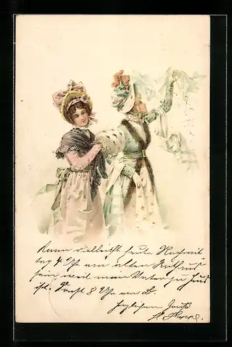 Lithographie Junge Frauen mit Hut in Winterkostümen