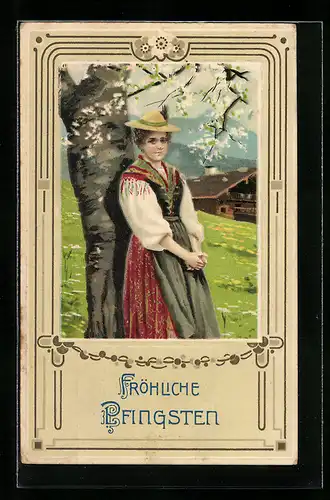 Lithographie Fröhliche Pfingsten, Maid aus den Bergen