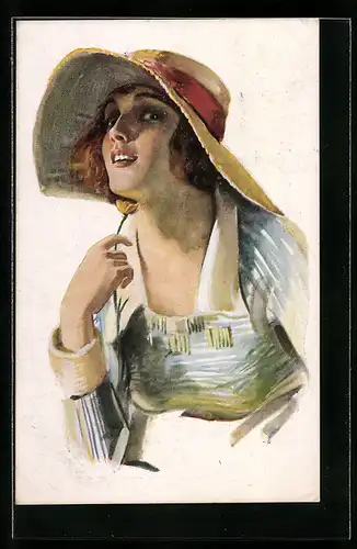 Künstler-AK Junge Frau mit Hut und einer Blume in der Hand
