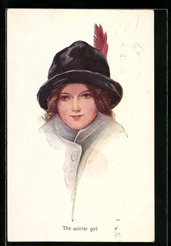 Künstler-AK Junge Frau mit Hut und Wintermantel