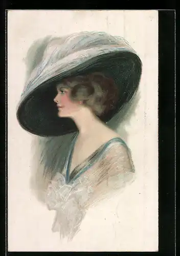 Lithographie Junge Frau mit Hut seitlich portraitiert