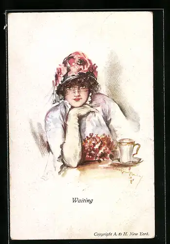 Künstler-AK Wartende junge Frau mit Hut und Blumen am Kaffeetisch