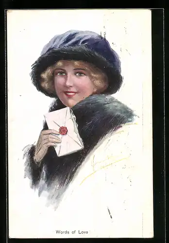 Künstler-AK Words of Love, Junge Frau im Wintermantel mit Hut