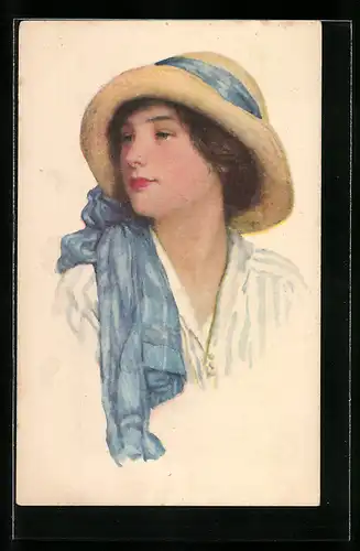 Künstler-AK Junge Frau mit sommerlichem Hut und blauem Tuch