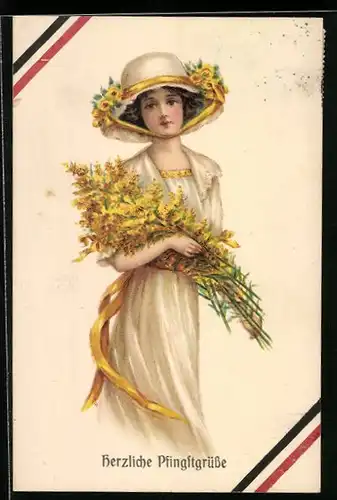AK Herzliche Pfingstgrüsse, Junge Frau mit Hut und Blumen in den Armen