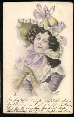 Künstler-AK Junge Frau im lavendelfarbenen Kleid mit Hut