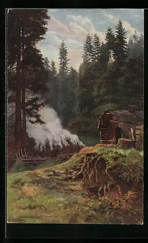 Künstler-AK H. Junker: Köhlerhütte im Wald