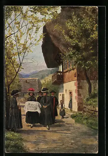 Künstler-AK H. Hoffmann: Kindtaufe, Familie auf dem Weg zur Taufe