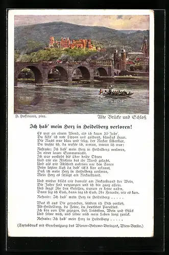 Künstler-AK Heinrich Hoffmann: Heidelberg, Alte Brücke und Schloss, Liedtext Ich hab mein Herz...