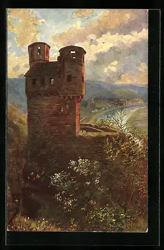 Künstler-AK Heinrich Hoffmann: Neckarsteinach, Das Schwalbennest mit Blick auf den Ort