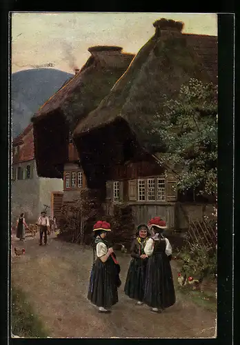 Künstler-AK H. Hoffmann: Dorfstrasse im Schwarzwald, Mädchen in Schwarzwälder Tracht vor dem Bauernhaus