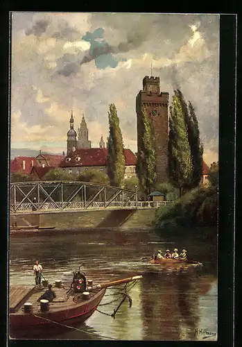 Künstler-AK Heilbronn, Partie am Neckar mit Götzenturm