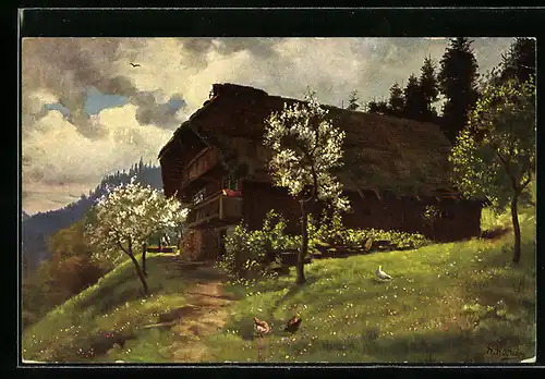 Künstler-AK Heinrich Hoffmann: Bauernhaus im Schwarzwald im Frühling