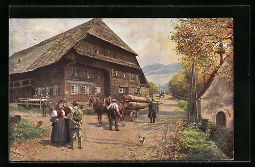 Künstler-AK Heinrich Hoffmann: Höllental, Strasse mit Holzwagen vor dem Gasthaus zum Himmelreich