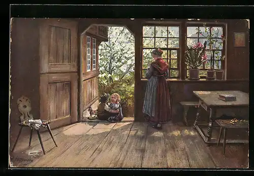 Künstler-AK Heinrich Hoffmann: Mutter betrachtet die spielenden Kinder im Hauseingang