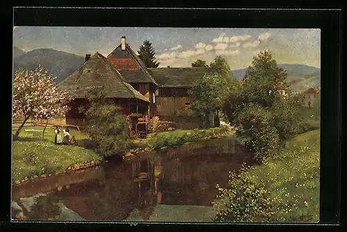 Künstler-AK Heinrich Hoffmann: Schönau im Schwarzwald, altes Haus an der Wiese