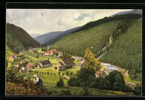 Künstler-AK Schönmünzach, Murgtalpanorama mit Frau in Tracht