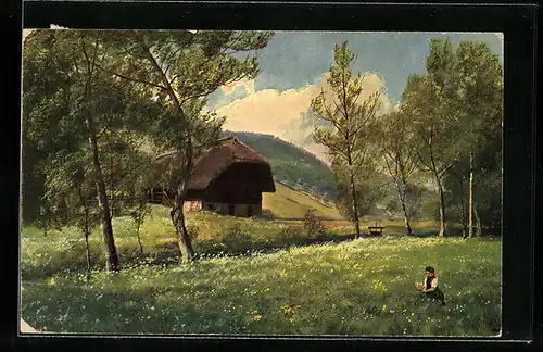 Künstler-AK Heinrich Hoffmann: Schwarzwaldserie, Mädchen auf Blumenwiese im Sommer