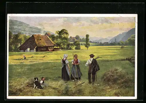 Künstler-AK Heinrich Hoffmann: Bauern arbeiten auf dem Feld, Kind und Hund spielen im Heu
