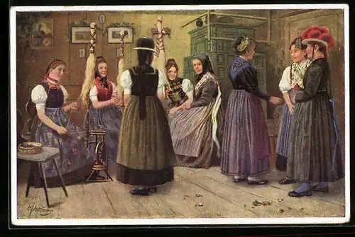 Künstler-AK Heinrich Hoffmann: Spinnstube im Schwarzwald