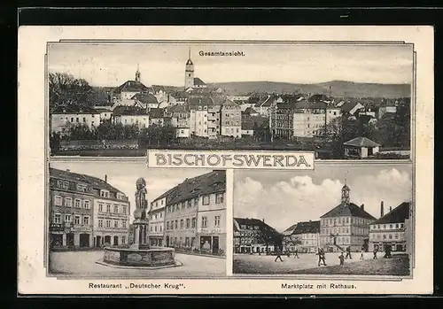 AK Bischofswerda, Gesamtansicht, Marktplatz mit Rathaus, Restaurant Deutscher Krug