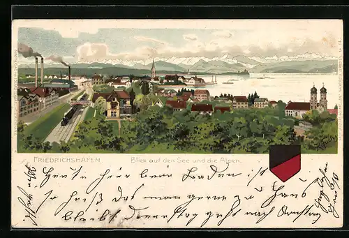 Lithographie Friedrichshafen, Totalansicht und Wappen